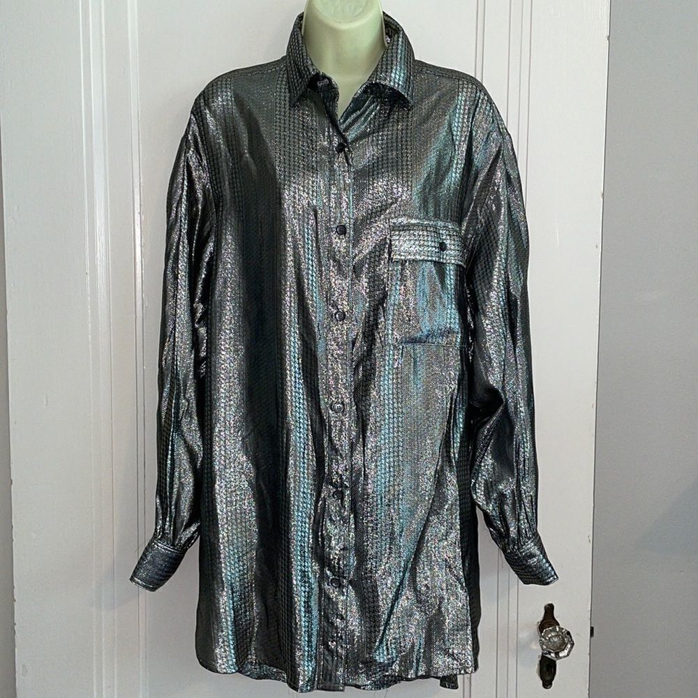 Vtg 80s Mario Forte for After Five‎  oversized silver button front shirt